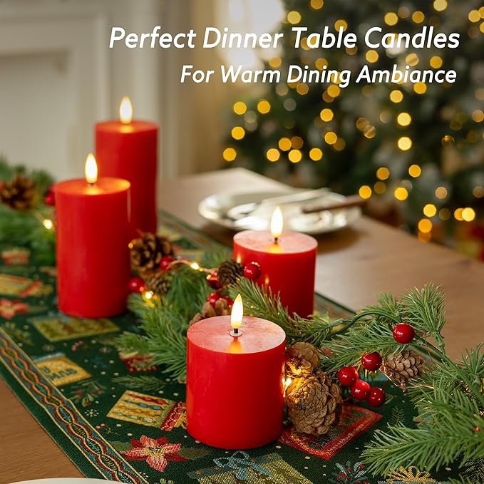 Red Flameless Pillar Candles with Remote Set of 4, Battery Operated Real Wax LED Candles, Perfect for Christmas Window, Romantic Dinner & Holiday Xmas Decor