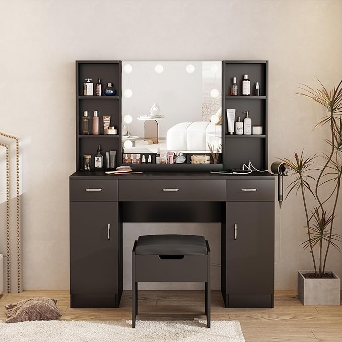 Makeup Vanity Table with Lighted Mirror & Power Outlets, Large Vanity Set Vanity Desk with Storage Stool, 3 Drawers, 3 Lighting Modes Brightness Adjustable, 45inch, Black