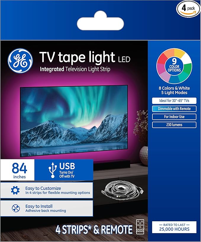 GE LED TV Tape Light, Color Changing Strip Light with Remote, No App or Wi-Fi Required, 84in (1 Pack)