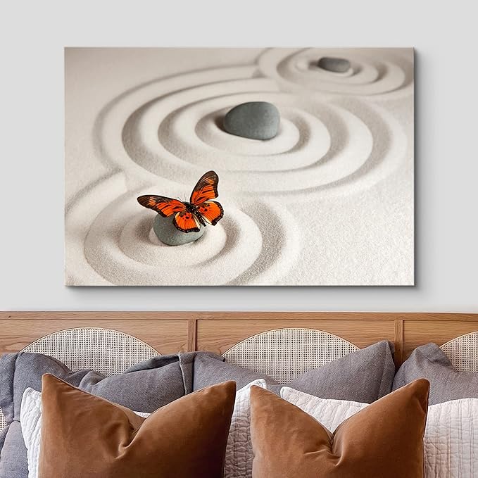 wall26 Canvas Print Wall Art Zen Garden with Stones & Monarch Butterfly Nature Wilderness Photography Realism Chic Scenic Relax/Calm Multicolor for Living Room, Bedroom, Office - 24"x36"