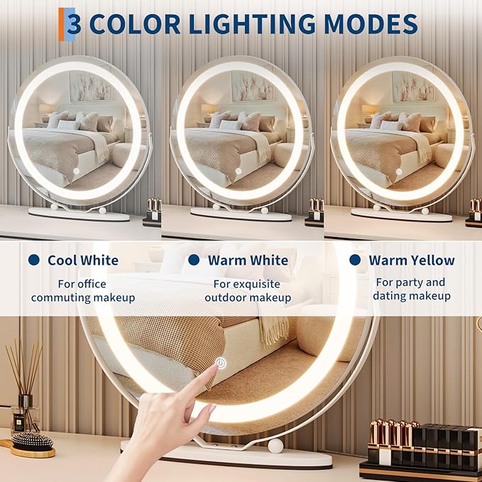 IDEALHOUSE Vanity Mirror with Lights, 19" Lighted Makeup Mirror, LED Desk Mirorr with 360° Rotation, Dimmable 3 Modes, Smart Touch Control for Bedroom or Tabletop(Round,White)