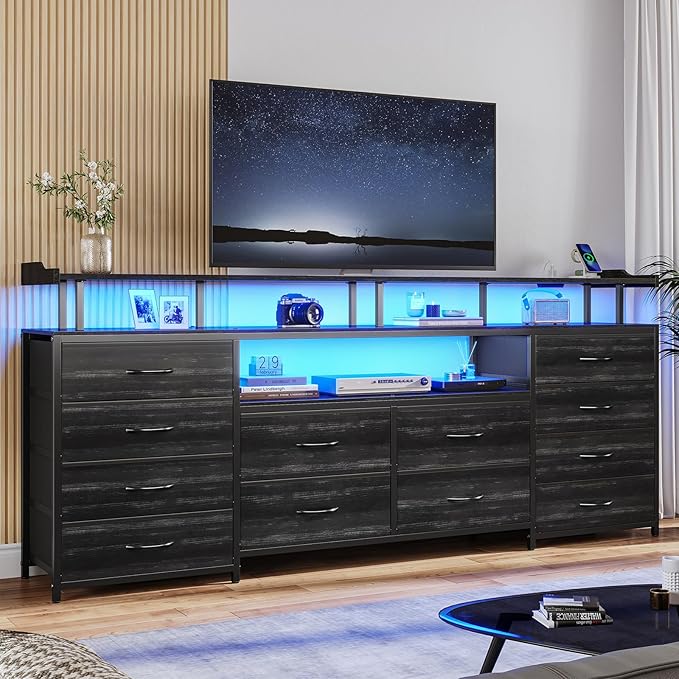 BTHFST 12 Drawers TV Stand Dresser for 65/70 inch TV, Entertainment Center with LED Lights & Power Outlets, 63" Large LED TV Stand, TV Console for Bedroom