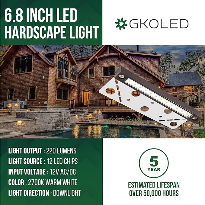 GKOLED 6.8 Inches LED Hardscape Lights, Low Voltage Retaining Wall Light Waterproof, 12V AC/DC Landscape Lighting, 1.5W 2700K, Classic Step Lights Outdoor, Die-cast Aluminum Housing (Pack of 3)