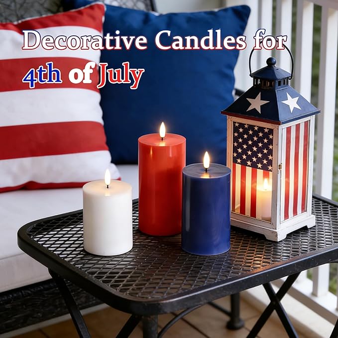 Red White Blue Patriotic Flameless Pillar Candles with Remote, 3 Pack Battery Operated Real Wax LED Candles, Perfect for 4th of July Independence Day Home Decorations Fireplace Table