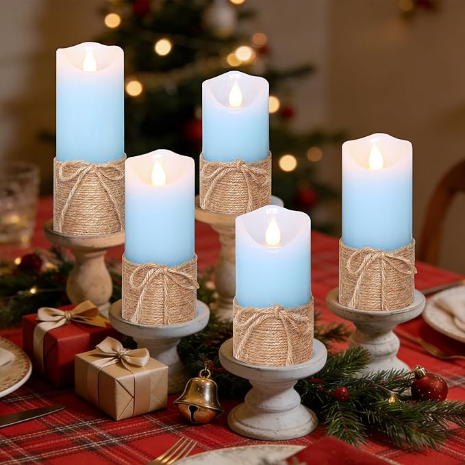Crystal Club Blue Flameless Candles, Set of 5 Battery Operated LED Pillar Candles with Timer, Real Wax Candle Set with Remote for Home Bedroom Décor