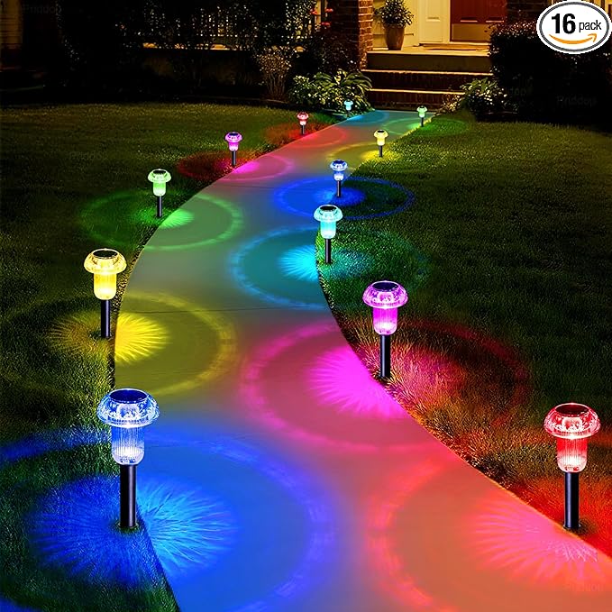 Solar Lights Outdoor Pathway Waterproof 16 Pack Color Changing LED Acrylic Mushroom Decorative Garden Lights for Yard Landscape Patio Outside Decorations