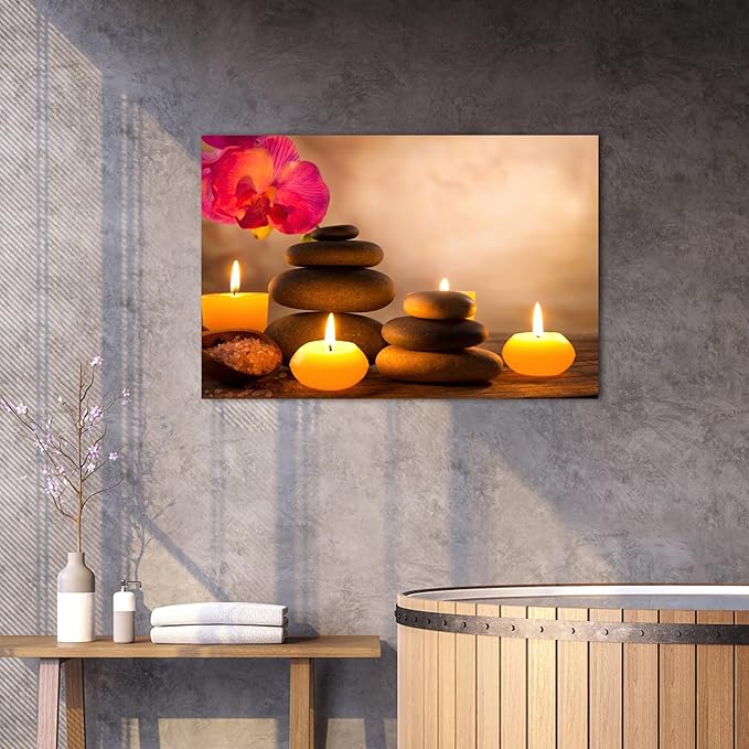 Zen Wall Art Decor, Modern Bathroom Zen Decor Wall Art, Zen Relaxing Canvas Wall Art for Spa Room Decor, Black Pebble and Lighted Candles Zen Art Prints for Office & Spa Wall Decor 18x24 Inches