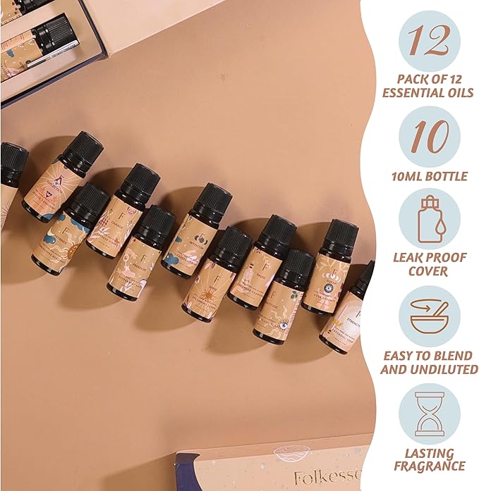 Folkulture Essential Oil Set for Diffuser | Set of 12 Essential Oils for Diffusers for Home | Diffuser Oil Scents | Lavender, Palo Santo, Frankincense |12 Days Advent Calendar 2025 for Women