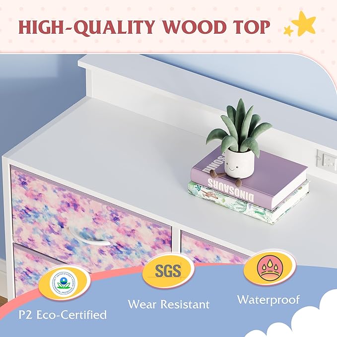 WLIVE Dresser TV Stand for 45, 50, 55 inch TV, Entertainment Center with LED Lights & Charging Station, Chest of Drawers with 9 Fabric Drawers and Open Shelves for Living Room, Tie-dye Purple Print