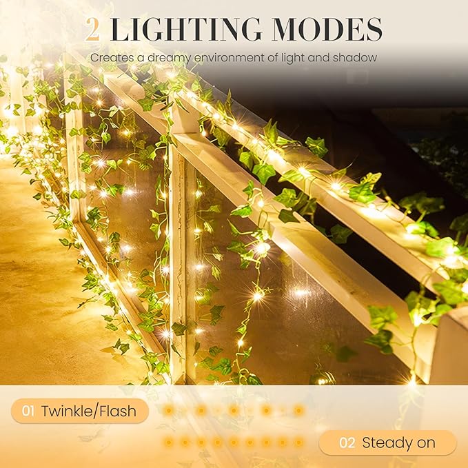 KASZOO 2 Pack 6.56 Ft Vine with Fairy Lights, 80LEDS Battery/USB Operated, Vine String Lights, Ivy Garlands with Fairy Lights for Bedroom Party Wall Room Hanging Decor