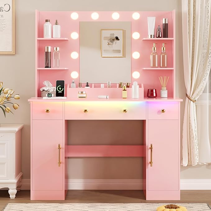 Vanity Desk with Mirror and Lights, Makeup Vanity with Mirror and LED Lights & Power Outlet, 3 Drawers and Cabinets, 3 Lighting Modes Dressing Table Set for Girls Women Bedroom,Pink
