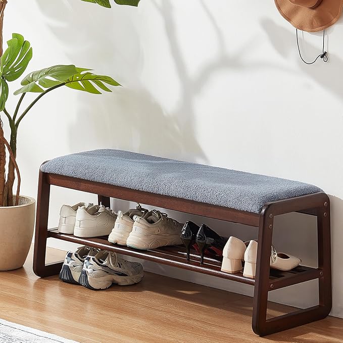 Shoe Rack Bench,2 Tier Solid Wooden Entryway Bench with Shoe Storage, Shoe Rack with Cushion for Living Room, Hallway(Grayish Blue, 39.4")