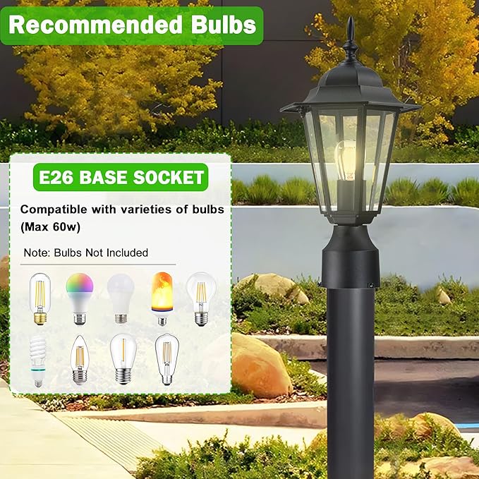 Outdoor Post Light, Pole Lantern, Waterproof Die-Cast Aluminum Pole Light Fixture with Glass, Exterior Post Lamp for Garden Yard Patio Pathway, Matte Black, 2-Pack