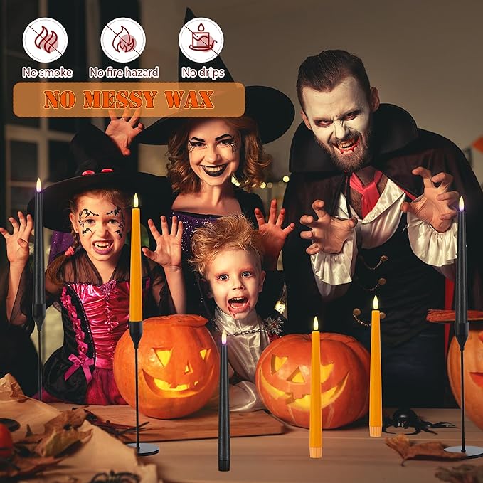 Orange and Black Flameless Taper Candles Flickering, Real Wax Halloween Candles with 2 Remote & Timer, Battery Operated Halloween Led Candle for Party Home Decor 6 Pack
