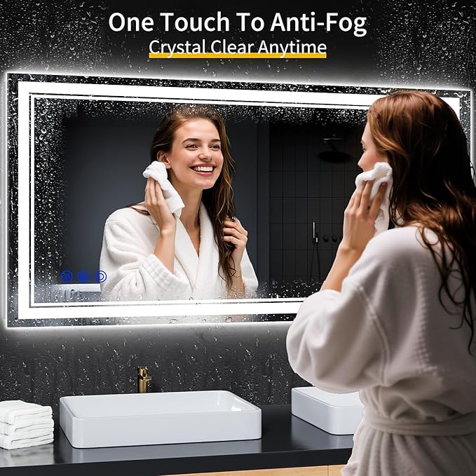 48"x24" LED Bathroom Mirror with Anti-Fog, Stepless Dimmable Lights, 3 Color Modes, Shatter-Proof Tempered Glass,Waterproof Design