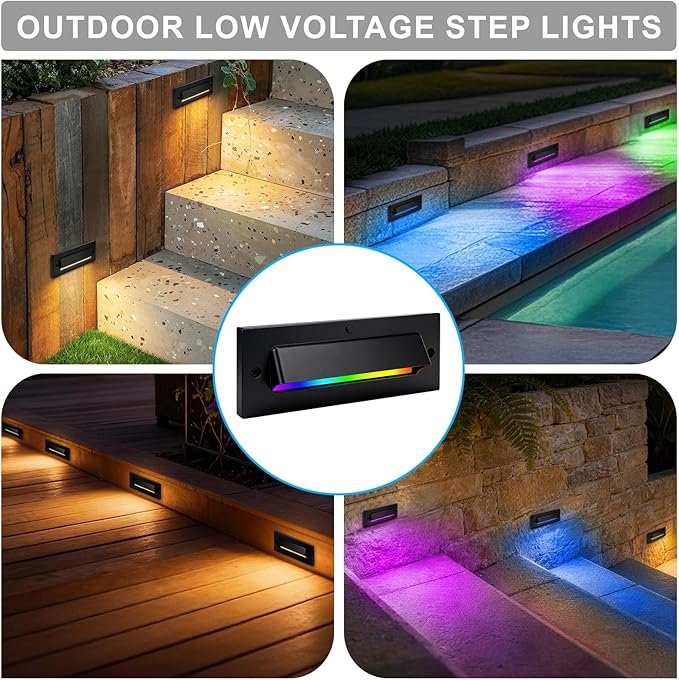 Outdoor Step Lights, 5W 12V Landscape LED RGB Color Changing Outdoor Low Voltage Deck Step Stair Lights Wired for Railing Fence Retaining Wall Christmas Decorations, Heavy Duty, Black, 12PK