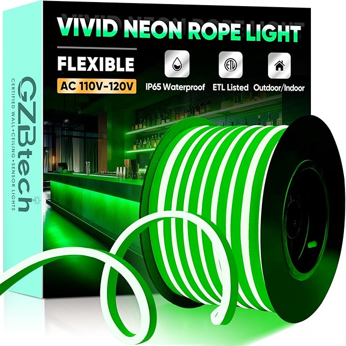 GZBtech Flexible LED Neon Rope Lights 66FT,AC 110-120V Waterproof Strip Light, 120 LEDs/M Cuttable Connectable Neon Lighting for Indoor Outdoor Home Decor/Commercial Building Use-Green 20M, ETL Listed