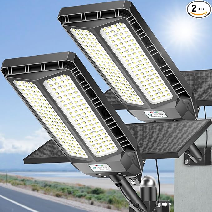 Deepn Solar Lights Outdoor, 8000W Solar Street Lights Outdoor Waterproof Dusk to Dawn LED Security Flood Light with Motion Sensor and Remote Control for Pathway, Entryway & Yard, 2 Pack