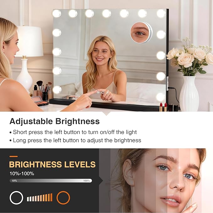 Vanity Makeup Mirror with Lights,Hollywood Vanity Mirror with 3 Color Modes,Lighted Vanity Mirror with Dimmable LED Bulbs &10X Magnification for Desk,Bedroom,Tabletop (Black, 22.8" x 18.1")