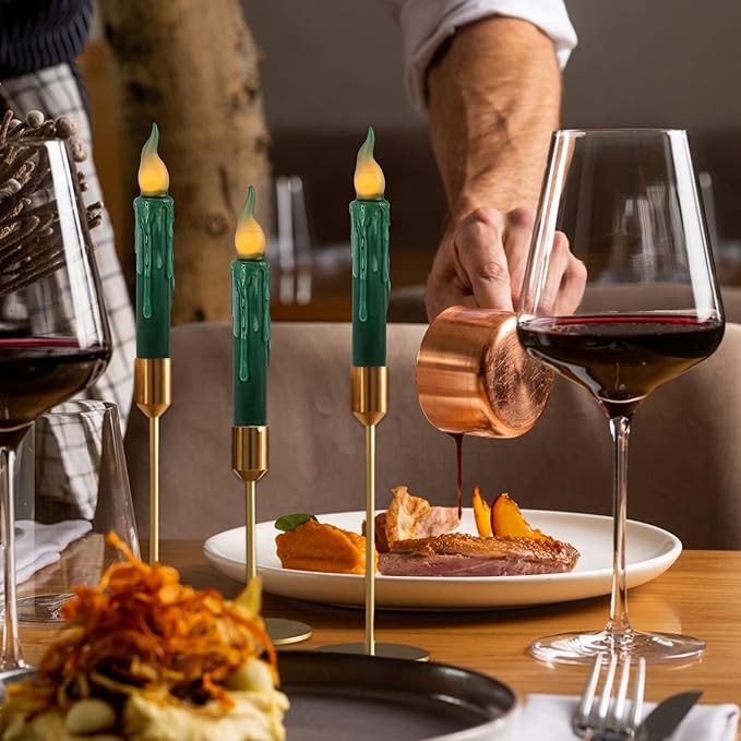 Dark Green Flameless Short Taper Candles, Real Wax Hand Dipped LED Battery Operated with Remote, Flickering Flame Lights for Festival Party Home Décor, 6.7 Inch Primitive Flameless Candles, 4PCS