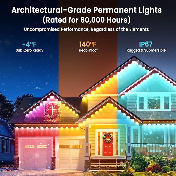 Smart Permanent Outdoor Lights for House, 50ft with 30 RGB+IC Eaves Lights Outdoor, P67 Waterproof with DIY Scene for Halloween Christmas Decor, , Remote Control, Work with Alexa, Google Assistant