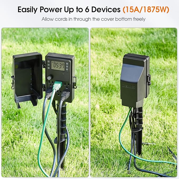 SURAIELEC Outdoor Power Stake, 7-Day Programmable Digital Timer, Power Strip Weatherproof, 6 Multi Plug Electrical Outlet Waterproof, 6 ft Extension Cord for Outside Light, Halloween Decoration