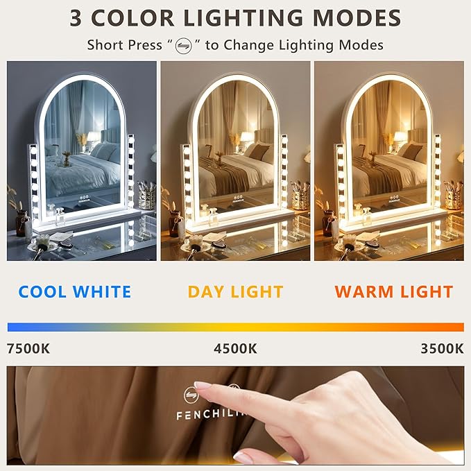 FENCHILIN Arched Vanity Mirror with Lights, 32“ x 26" LED Makeup Hollywood Vanity Mirror with 14 Dimmable Bulbs& LED Strip Smart Touch Control Detachable 10X Magnification White