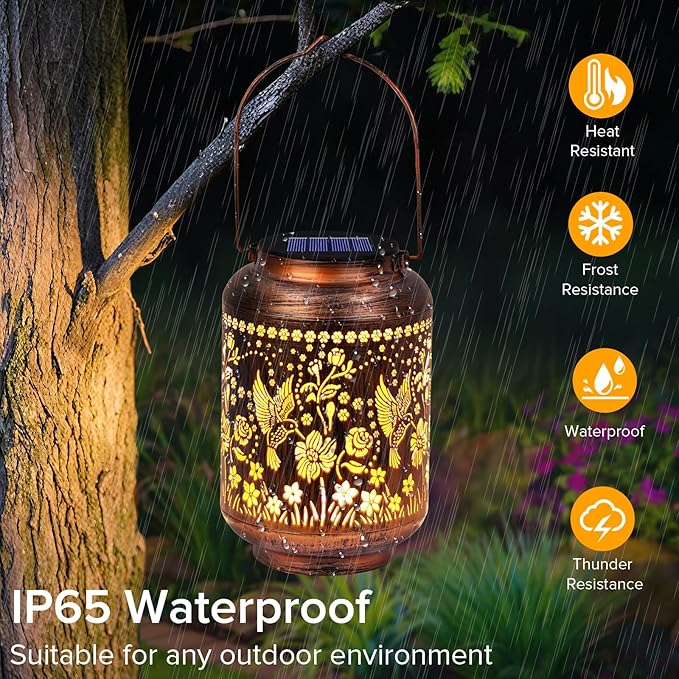 Solar Lanterns Outdoor Waterproof - Hummingbird Solar Lights for Garden, Hanging Metal Lantern Decor for Patio, Yard - Christmas Mothers Day Gifts for Women, Mom, Grandma (Hummingbird, 2)