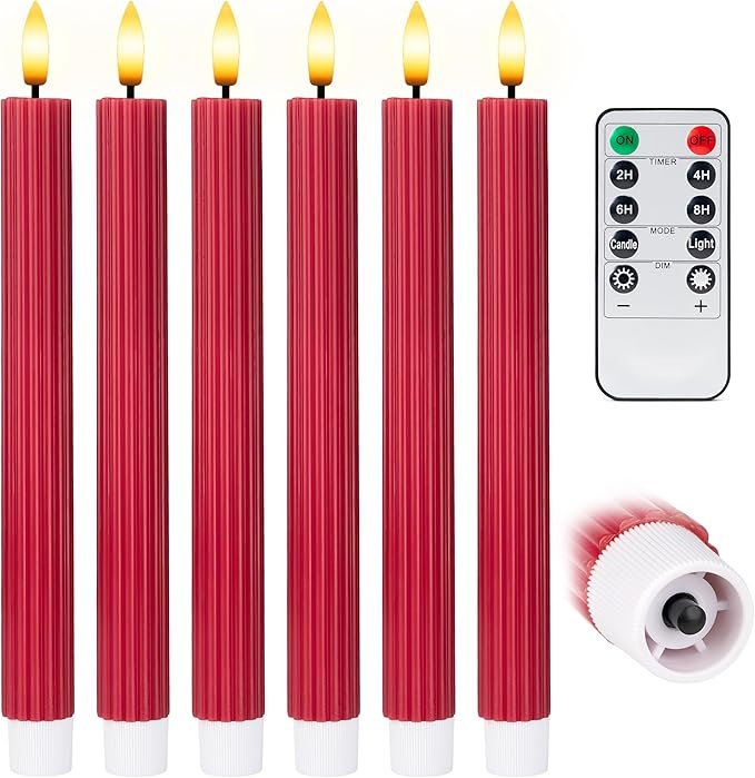 6 Pack, 10" LED Flameless Red Fluted Ribbed Grooved Taper Candles, Remote & 24h Timer Memory, On/Off Button, Dimmable, Flicker Mode, Battery Operated, Christmas Menorah Wedding