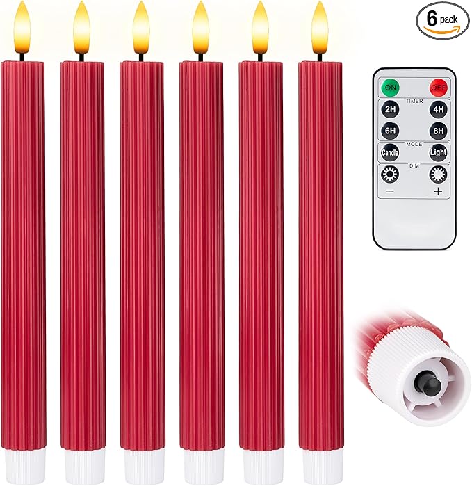 WYZworks 10" Fluted Ribbed LED Red Grooved Pillar Candles, Remote & 24h Timer Memory, On/Off Switch - Flameless Dimmable Battery Operated w/Flicker Mode, Home Wedding Decor (6 Pack)