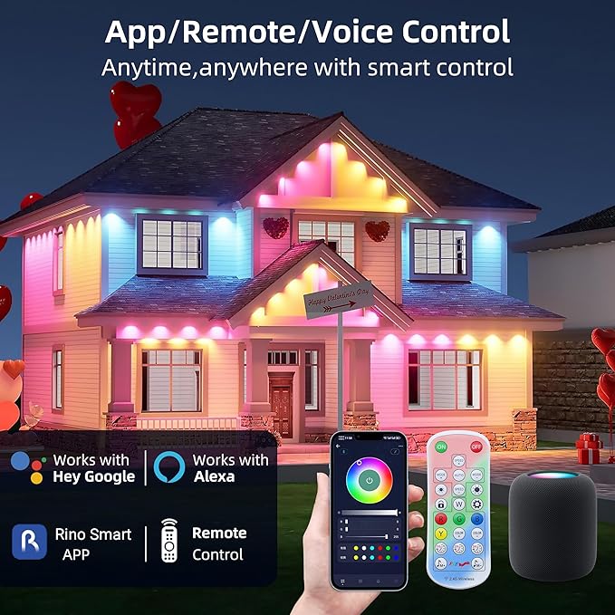Permanent Outdoor Lights 100FT RGB+IC Smart String Lights for House, App & Remote Control, Waterproof IP67 LED Eaves Lights, Music Sync, 212 Scene Modes, Outdoor Christmas Patio Roof Decor