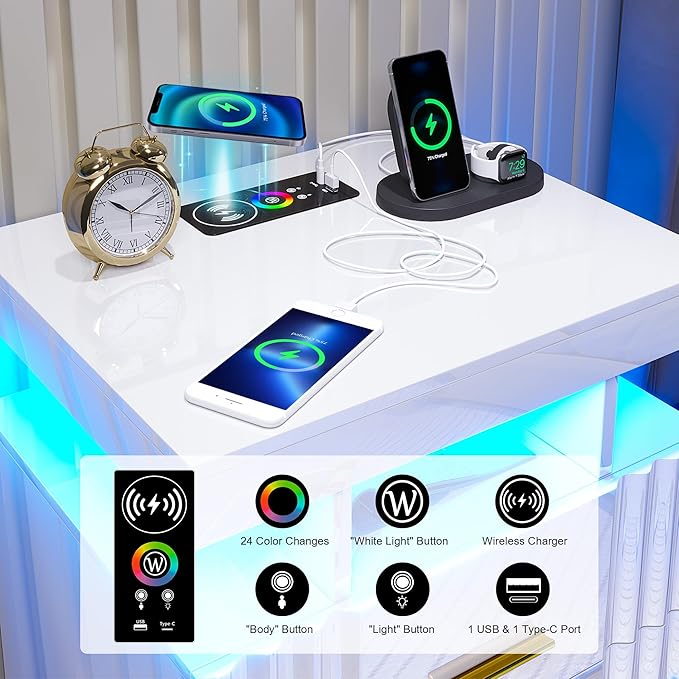 Nightstand with Wireless Charging Station,Set of 2 Bedroom Bedside Table with RGB Lights, Smart Night Stand with 2 Drawers, Bedside Tables Modern Bedside Table for Bedroom, Living Room(White)