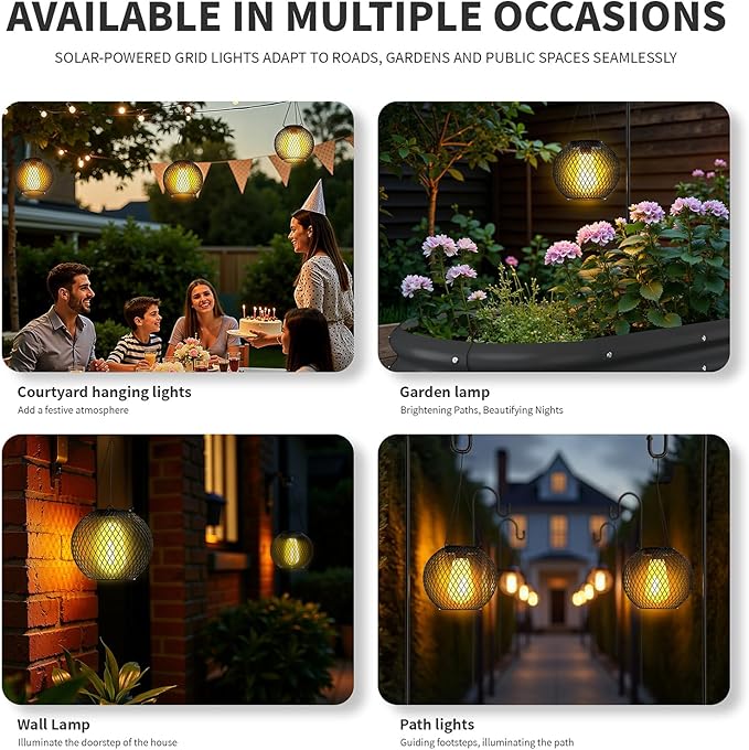 Modern Solar Mesh Globe Pendant Lights, Black Metal Hanging Spherical Lanterns with Edison Bulbs, Chain-Mounted, Indoor Outdoor (Black-4-Pack)