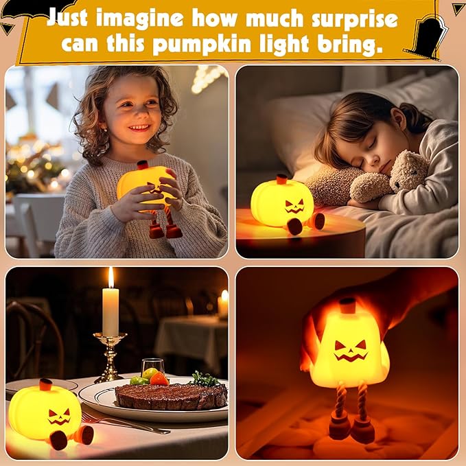 Cute Silicone Pumpkin Night Light, Rechargeable Dimmable Nursery Nightlight, Bedside Touch Lamp for Breastfeeding, Pumpkin Decor for Fall Decorations (Halloween)