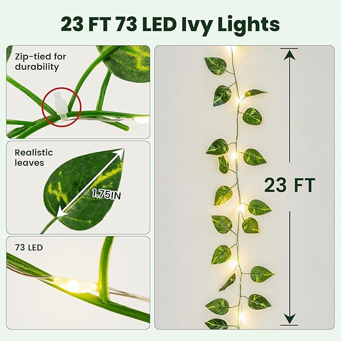HEYFUNi Vines with Lights, 23 Ft 73 Led Faux Pothos Vines with Fairy Lights USB/Battery Operated, Leaf String Lights for Bedroom, Wall, Balcony, Wedding Decor, Warm White