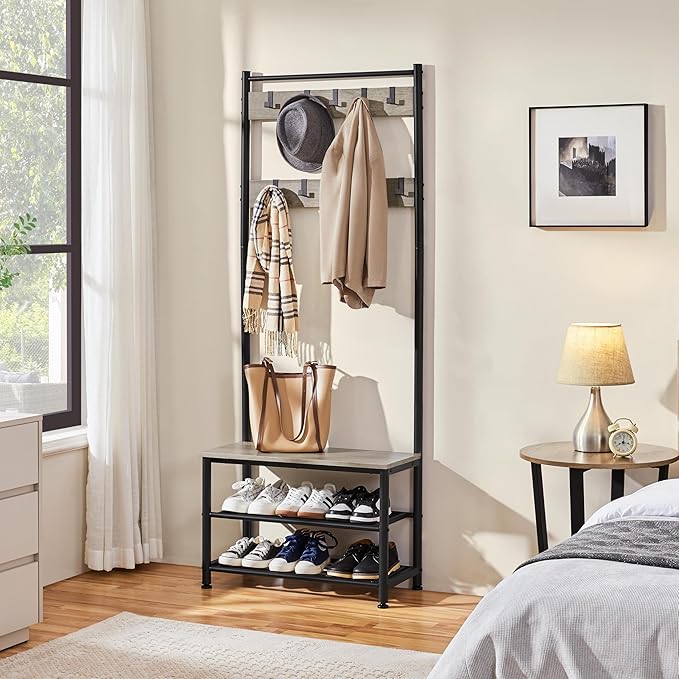 Yaheetech Coat Rack, Hall Tree with Shoe Bench, Entryway Shoe Storage with Coat Rack Stand, 9 Movable Hooks, Industrial Entryway Furniture, Gray