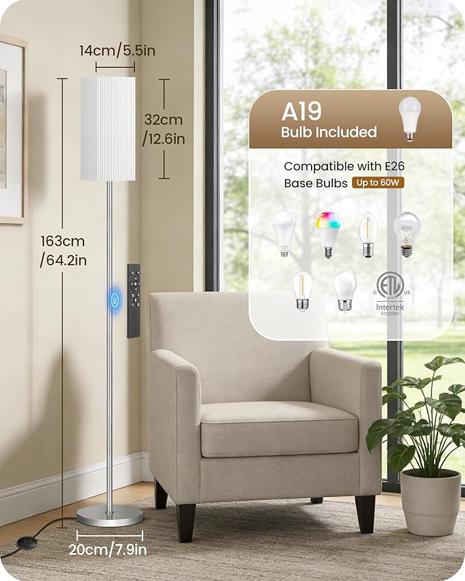 64.2''Dimmable Floor Lamp for Living Room with Remote and Foot Switch, Corner Floor Lamp for Bedroom, Includes 10W A19 Bulb, Modern Standing Tall Lamp, ETL Listed, Silver and White SCW17LD05