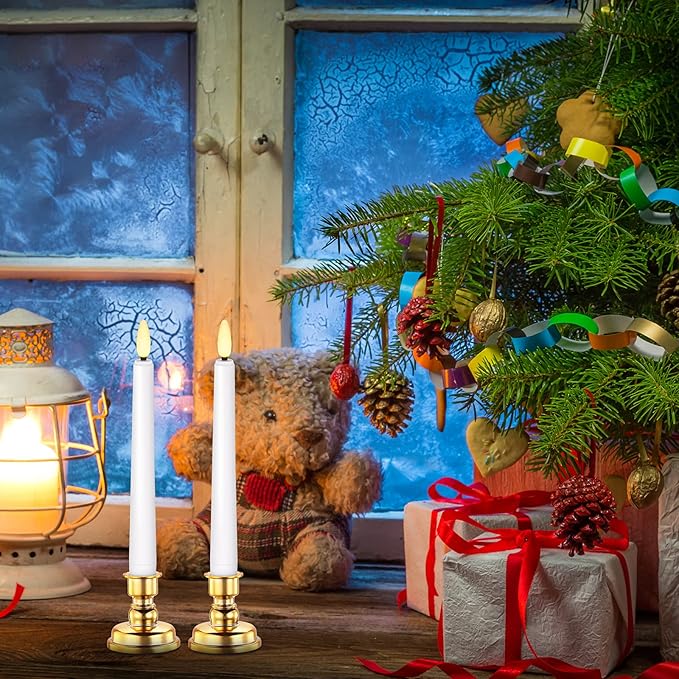 LED Christmas Window Candle with 2 Remotes Battery Operated Flameless Taper Candles Warm Light Flickering and Timer for Wedding Party Holiday Home Table Decoration (9 Packs,White+Gold Holder)…