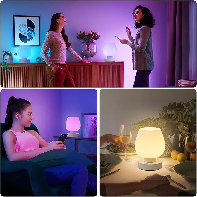 Cordless Touch Bedside Table Lamp, Rechargeable Battery Operated Desk Lamps with 8 RGB Colors, Dimmable Small Glass Nightstand Light for Living Room Bedroom Kitchen Counter