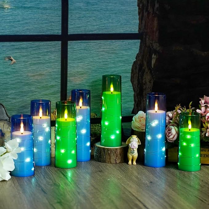 Flameless LED Candles with Timer 9 Pc Flickering Flameless Candles for Romantic Ambiance and Home Decoration Stable Acrylic Shell,with Embedded Star String，Battery Operated Candles（Green）