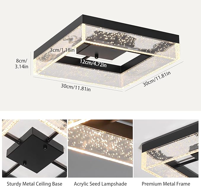 Qcyuui LED Flush Mount Ceiling Light, 11.81in 20W Modern Ceiling Light with Clear Bubble Acrylic,Square LED Ceiling Lamp for Kitchen Hallway Closet Living Room Bedroom, Black, 3000K Dimmable