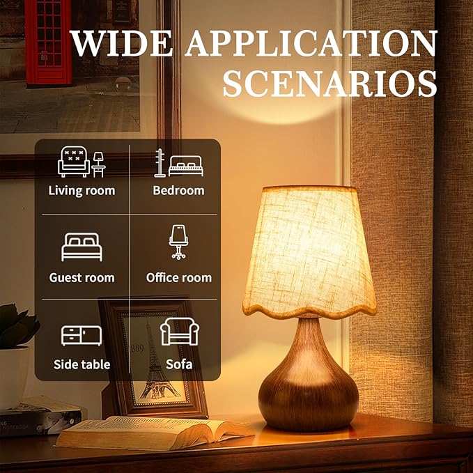 Wood Grain Small Table Lamp Touch Control, Farmhouse Bedroom Lamps for Bedside Nightstand, Vintage Small Table Lamps for Small Spaces for Kitchen Counter, Home Office, Kids Dorm, Bookshelf