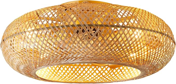 20" Boho Ceiling Fans with Lights,Rattan Caged Flush Mount Ceiling Fan with Light, Enclosed Timing 6 Speeds Reversible for Living Room Bedroom Dining Room