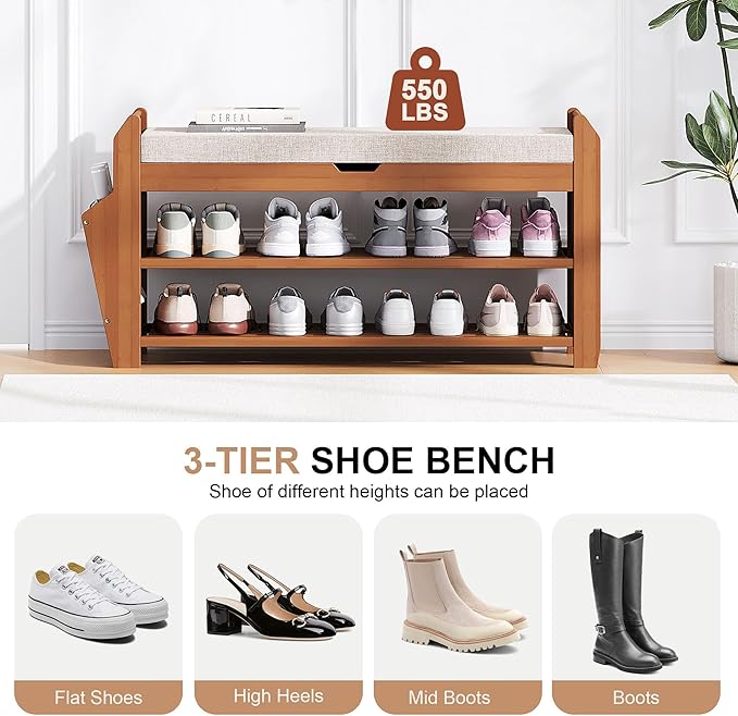 31.5" Bamboo Shoe Rack Bench with Coat Rack, 3-Tier Entryway Bench with Thick Cushion, Flip-Top & Side Baskets, Holds Up to 550 LBS for Hallway, Living Room, Bedroom