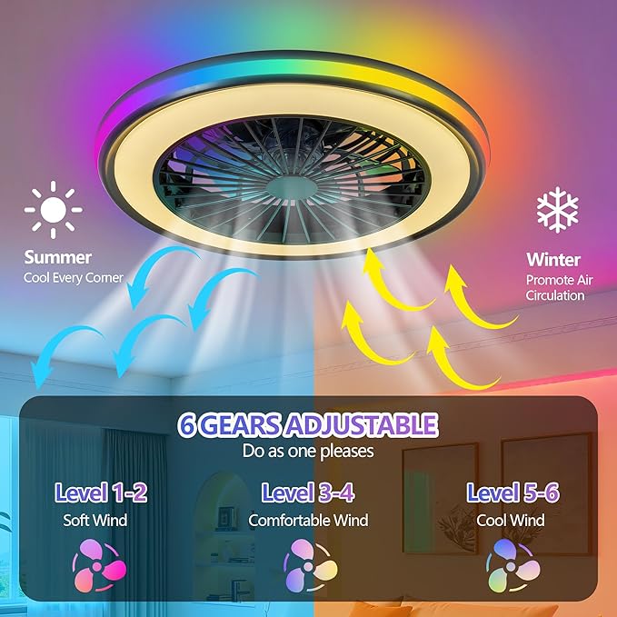 20" Modern LED Ceiling Fan Light, Smart Bladeless Ceiling Fans with Lights and Remote, RGB Bluetooth Fan Chandelier for Bedroom,Living Room, Office (20)