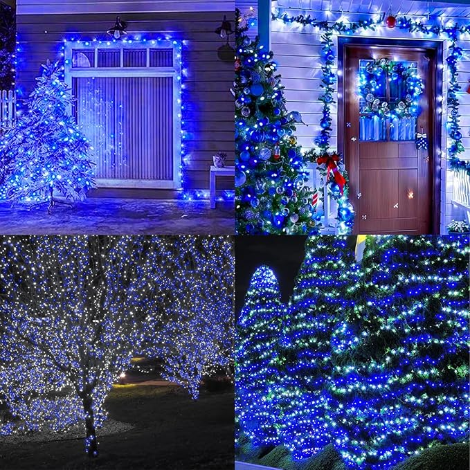 33FT 100 LED Blue White String Lights, 16 Modes Plug In Mini Fairy Lights, Waterproof Outdoor Christmas Lights for Hanukkah, July 4th Patriotic Decor, Xmas Tree Garland Bedroom Ocean Party Decoration
