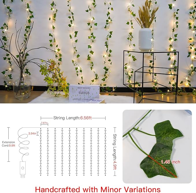 suddus Vines with Lights for Bedroom, 150 LED Fairy Lights with Vines, Ivy Curtain Lights for Bedroom, Dorm, Wedding, Party, Wall, Indoor, Outdoor Decor, 6.5ft x 4.9ft