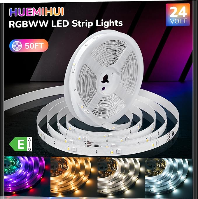 50Ft RGBWW+IC LED Strip Lights,Dimmable Multi-Colored+3000K-6500K LED Lights with Remote,Self-Adhesive Color Changing RGB Tape Lights,24V Cuttable DIY Light Strip for Home Bedroom Stair-50Ft