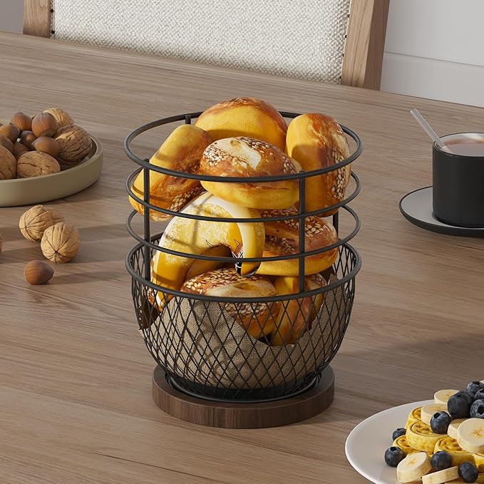 SODSAI 360° Rotating Utensil Holder with Premium Wooden Base, Large Iron Kitchen Organizer for Countertop, Farmhouse & Modern Style Kitchen Storage Basket