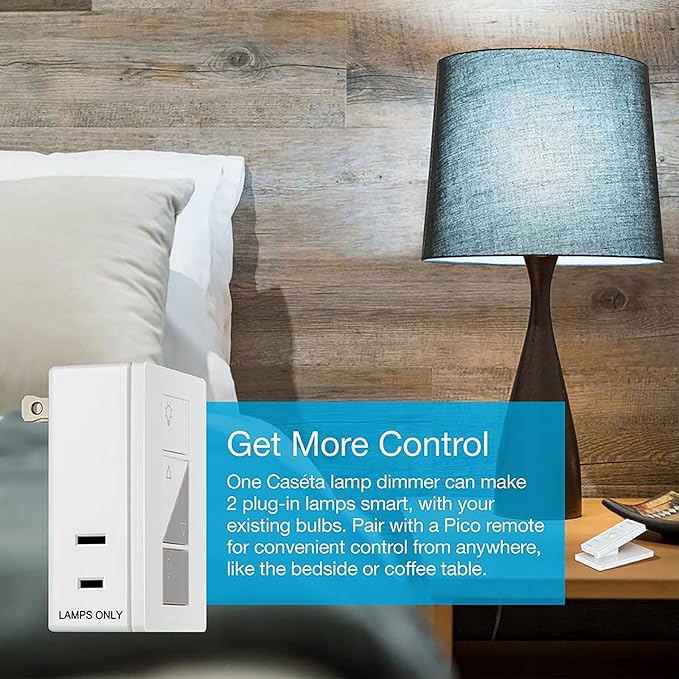 Lutron Caseta Smart Plug Start Kit for Lamps, Plug-in Lamp Dimmer Switch with Smart Bridge and Pico Remote, Compatible with Alexa, Apple HomeKit, and The Google Assistant, P-BDG-PKG1P, White